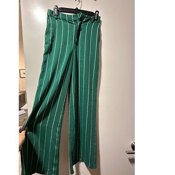 H&M Suit Pants Women's Green & White Woven Stripe  High Waist Wide Leg Trouser 2 - Picture 3 of 5